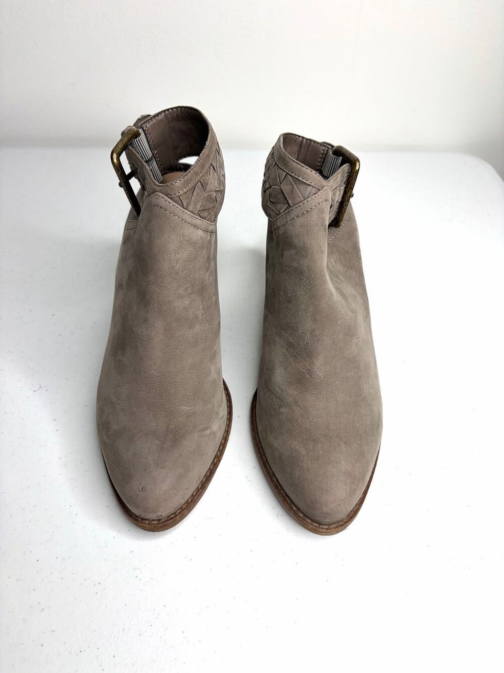 Aldo Adraynia Ankle Boots Sz 8 Gray Taupe Braided Strap Boho Festival Cowgirl